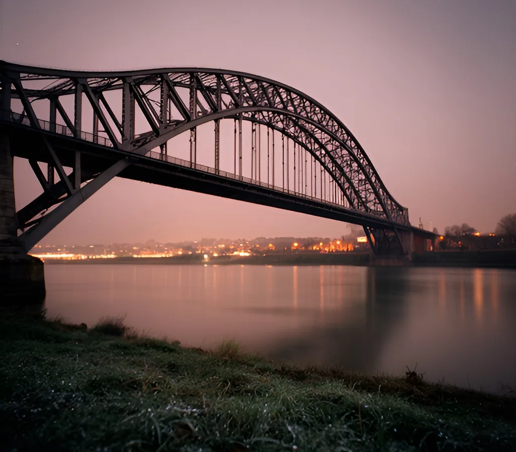 A steel arch bridge over a wide, calm river at dusk, with city lights on the far shore.